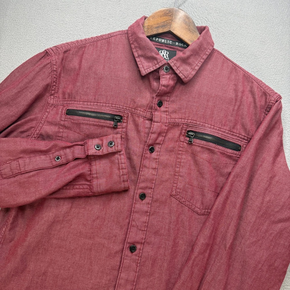 Rock & Republic Button Up Shirt Men S Red Cotton Zipper Pocket Casual Streetwear
